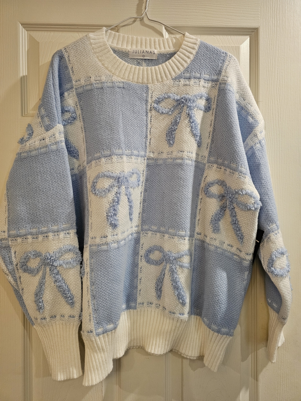 Julianas Blue & White Bow-Detail Crewneck Sweater
